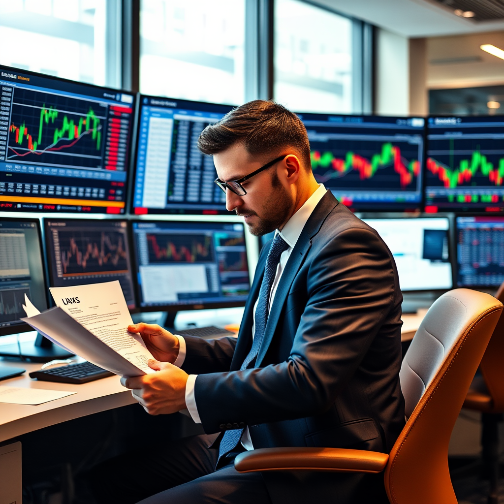 Professional day trader in business attire reviewing loan documents at a modern trading desk with multiple monitors displaying financial charts and market data in the background