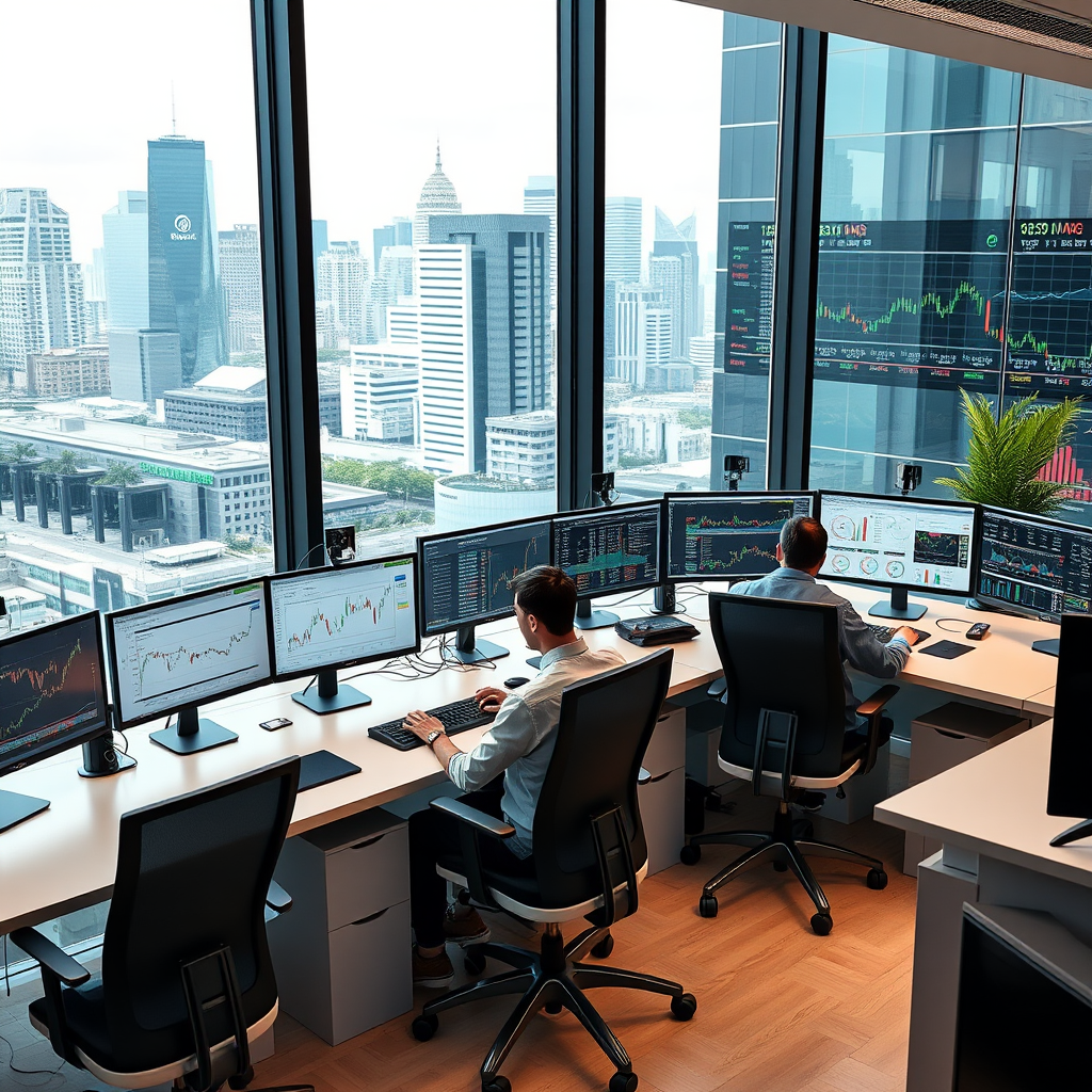 Modern trading office with multiple monitors displaying financial charts and data, professional traders working at ergonomic desks with high-end computer equipment, clean contemporary workspace with glass walls and city skyline view