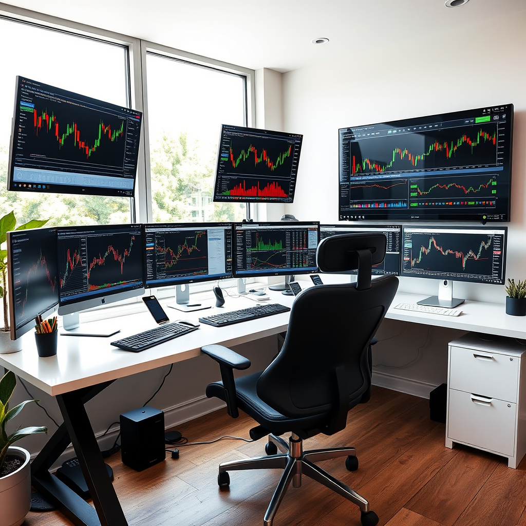 Modern home office trading setup with multiple monitors displaying financial charts and trading platforms, professional desk with ergonomic chair, natural lighting from large window, clean and organized workspace for independent trader