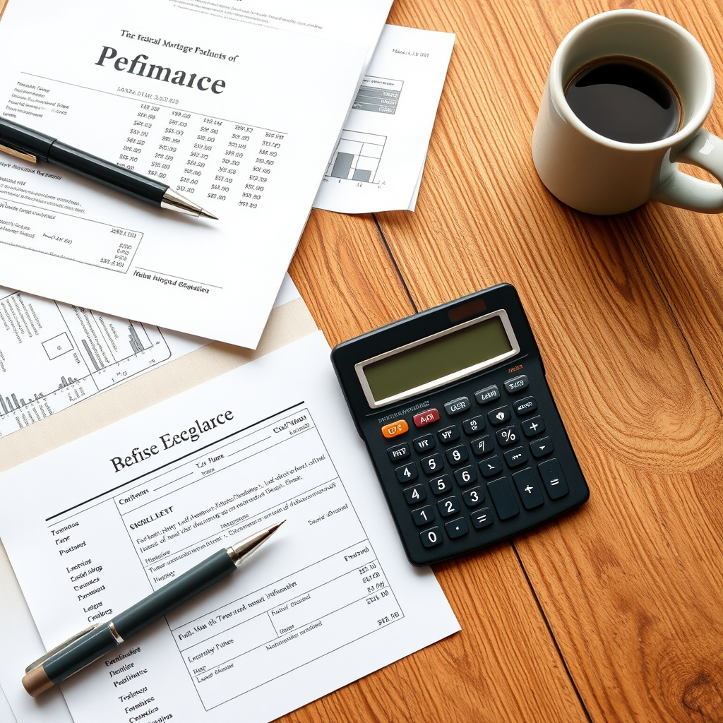 Financial documents, mortgage papers, and calculator spread on a wooden desk with a pen and coffee cup, showing refinancing calculations and loan terms for trading professionals
