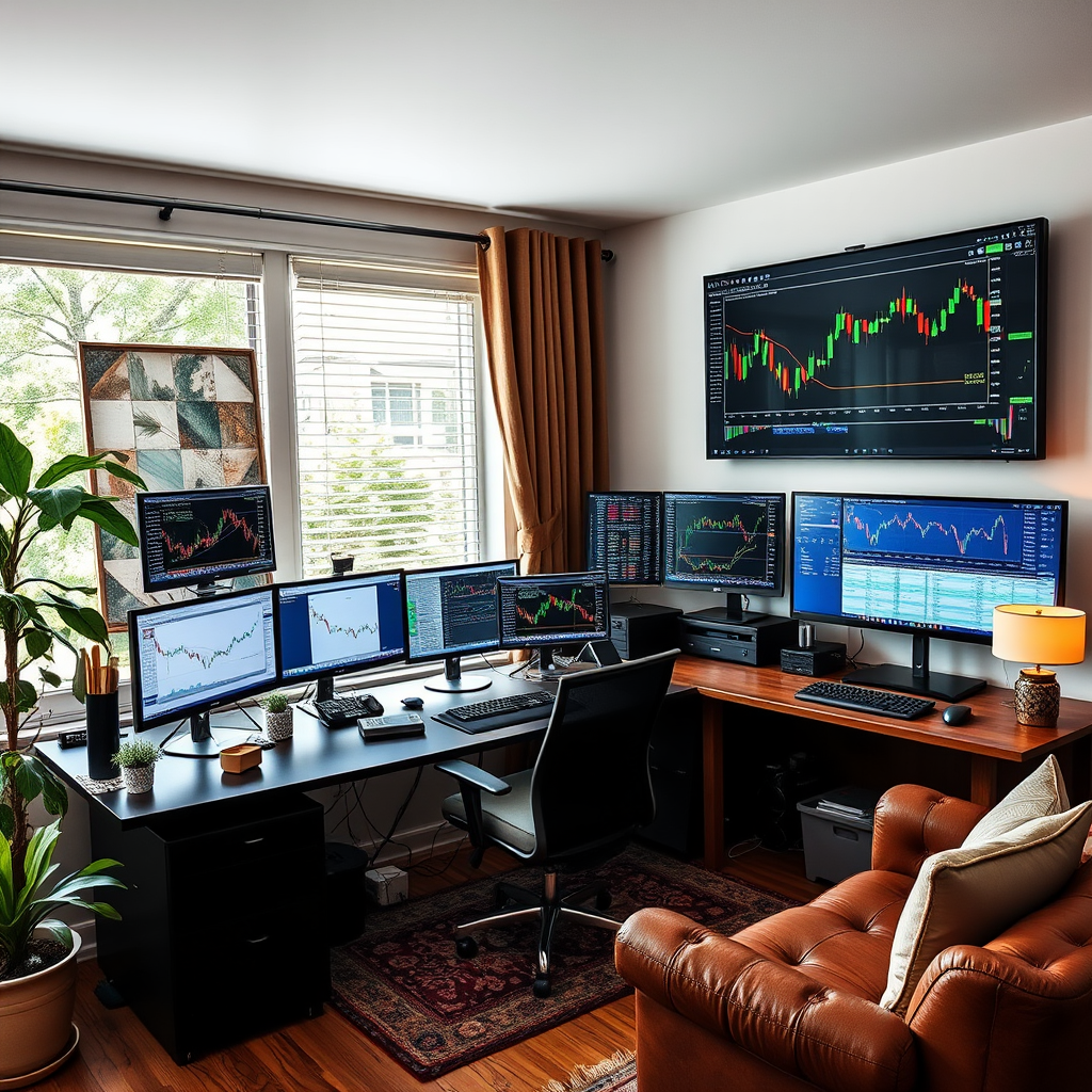 Professional home office trading setup with multiple monitors displaying financial charts, comfortable residential environment, and organized workspace for independent trading